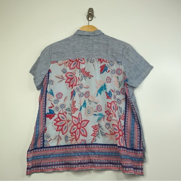 J. Jill Linen Blue Striped Floral Pattern Back Button Down Blouse. Size Small. - Picture 2 of 7